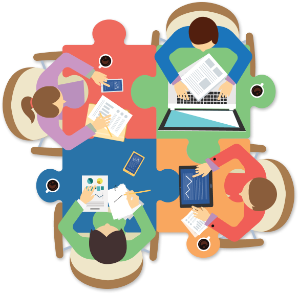 Cartoon people working together on table